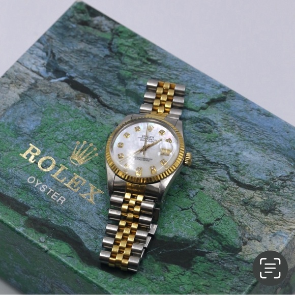 Men’s Rolex Oyster Watch with 10 Diamonds & White Face, Date, 18K Gold + Steel - Picture 1 of 16